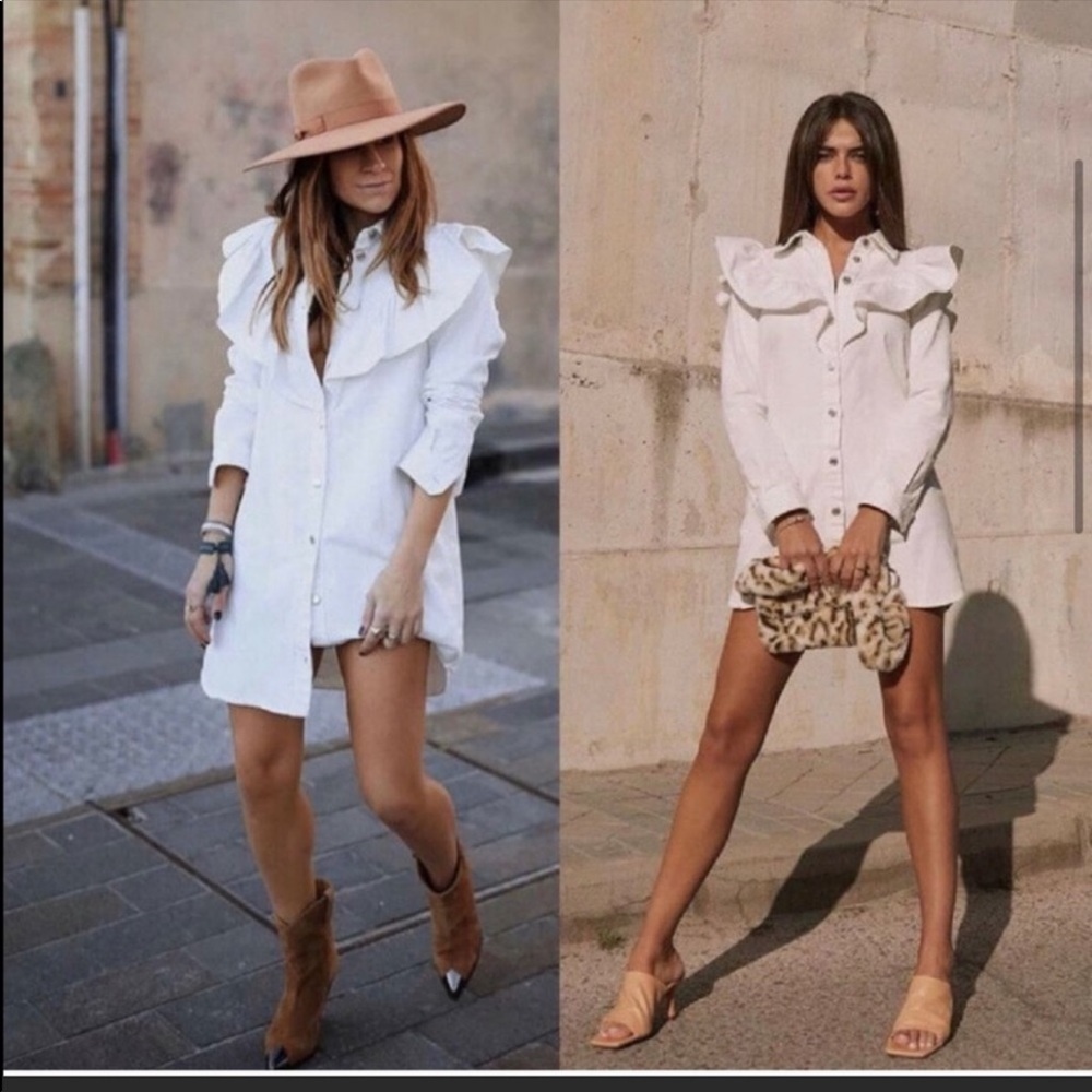 ZARA White Denim Ruffle Mini Denim Dress long Sleeves 6929/004